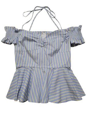 Belle & Sky Blue Striped Halter Peplum Top Off Shoulder Smocked Sleeve Small NWT